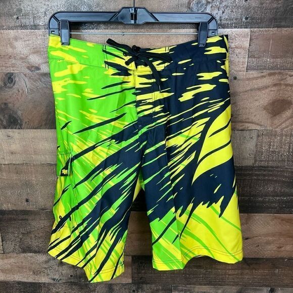 Slippery Board Shorts Solar Tie Front Black Neon Green Yellow Side Pocket Men 30 - Picture 15 of 15
